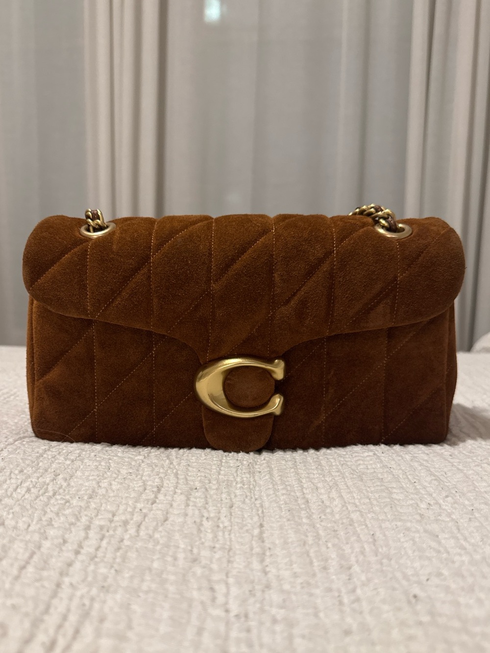 Coach Brown Quilted Suede Shoulder Bag with Gold Hardware